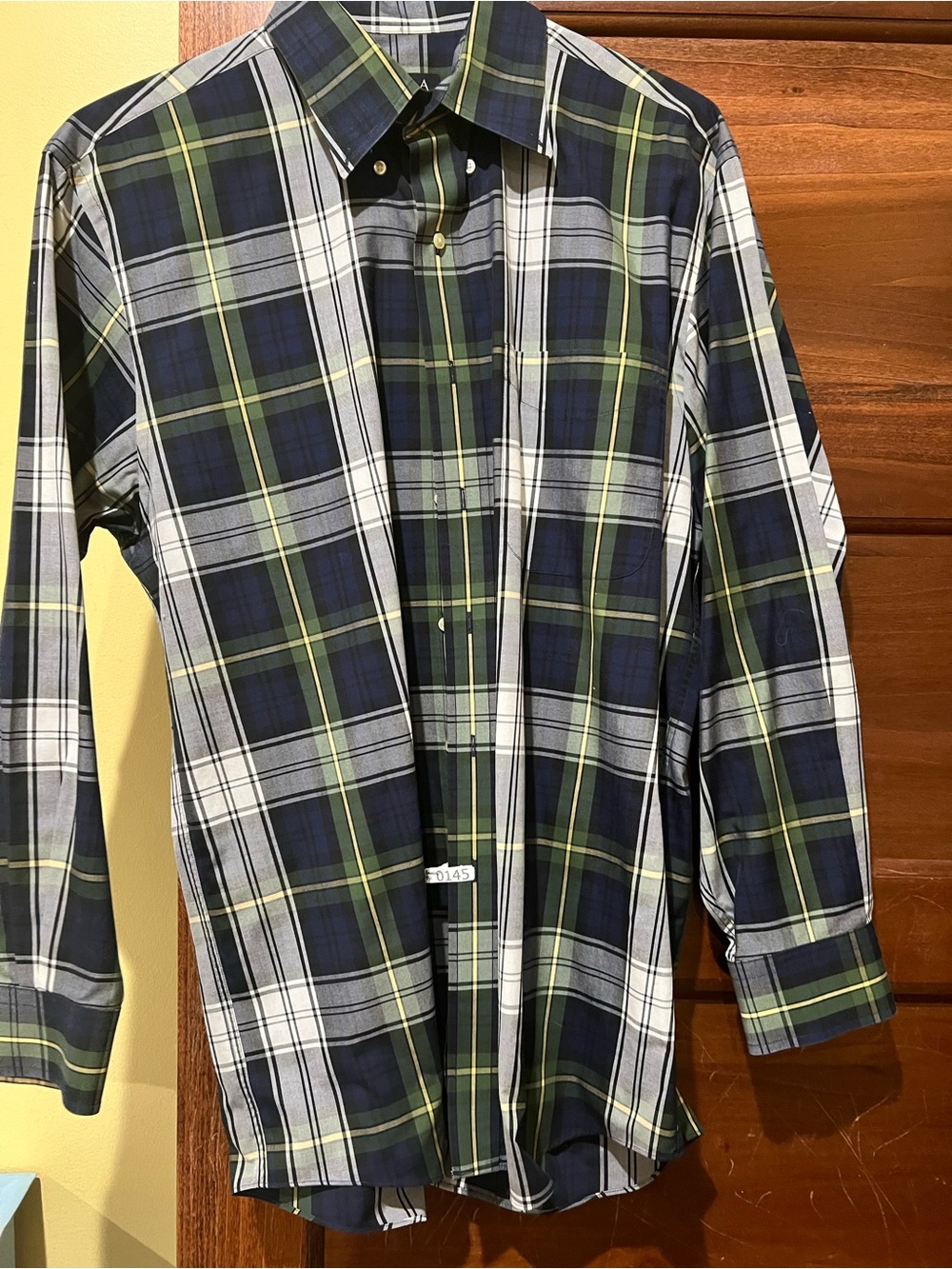 Jos. A Bank Men's Navy and Green Plaid Button-Up Shirt